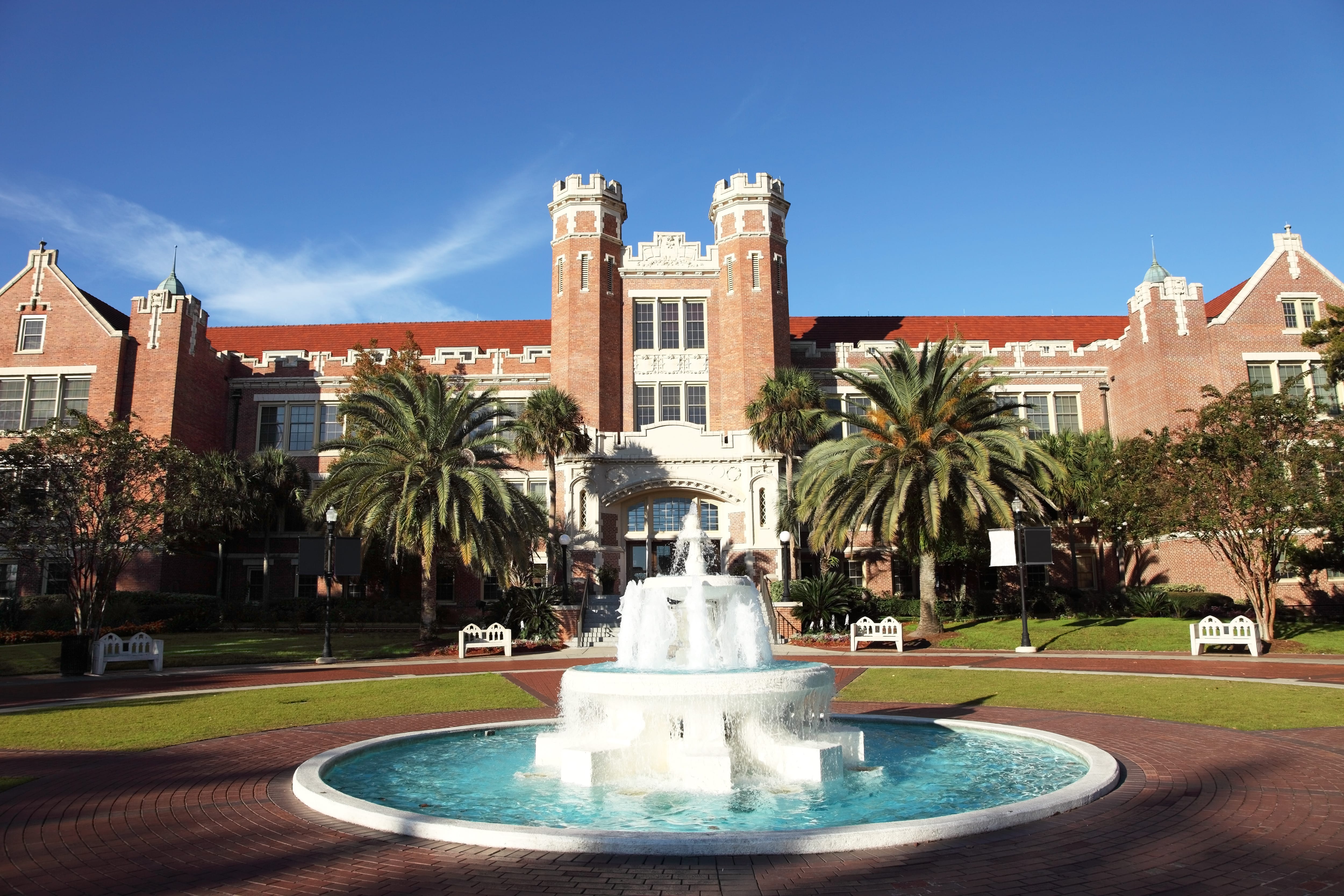A view of Florida State University’s Westcott building and fountain 