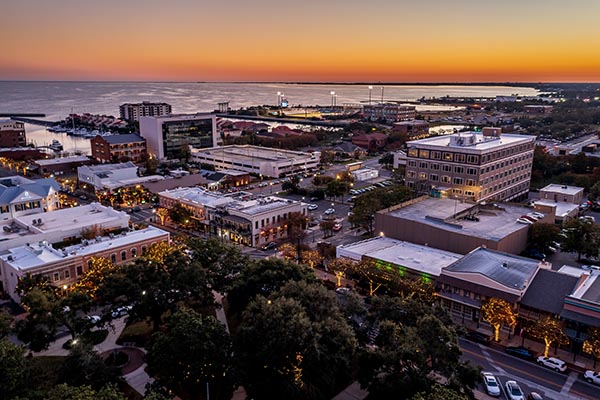 Aerial of downtown Pensacola, Florida, at dusk